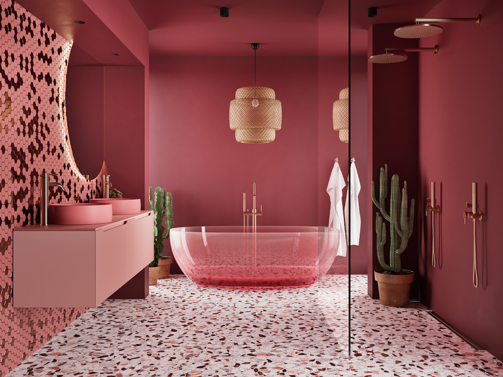 transparant roze bad, vrijstaand in roze badkamer trendy