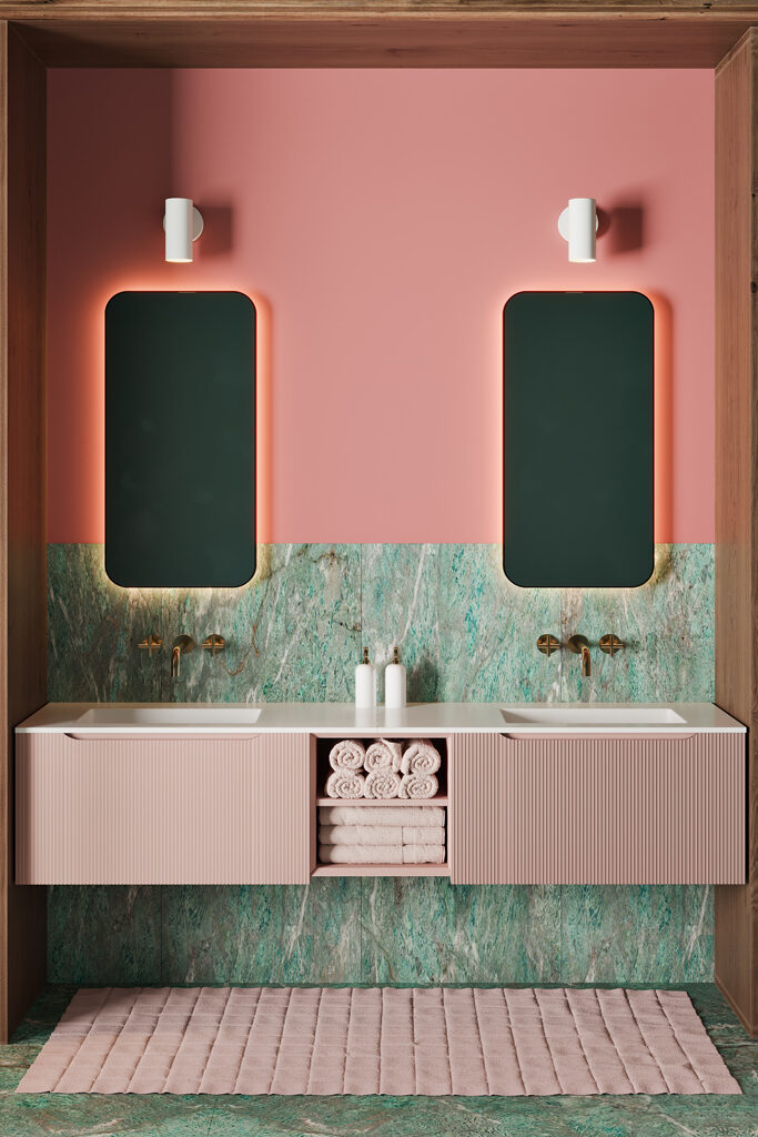 roze met groene badkamer dubbele wasbak trendy badkamer Mastello