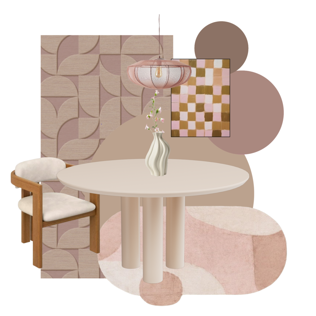 Champagne kleurige, heel lichtroze beige tafel, ronde tafel met drie poten The Home Style Club