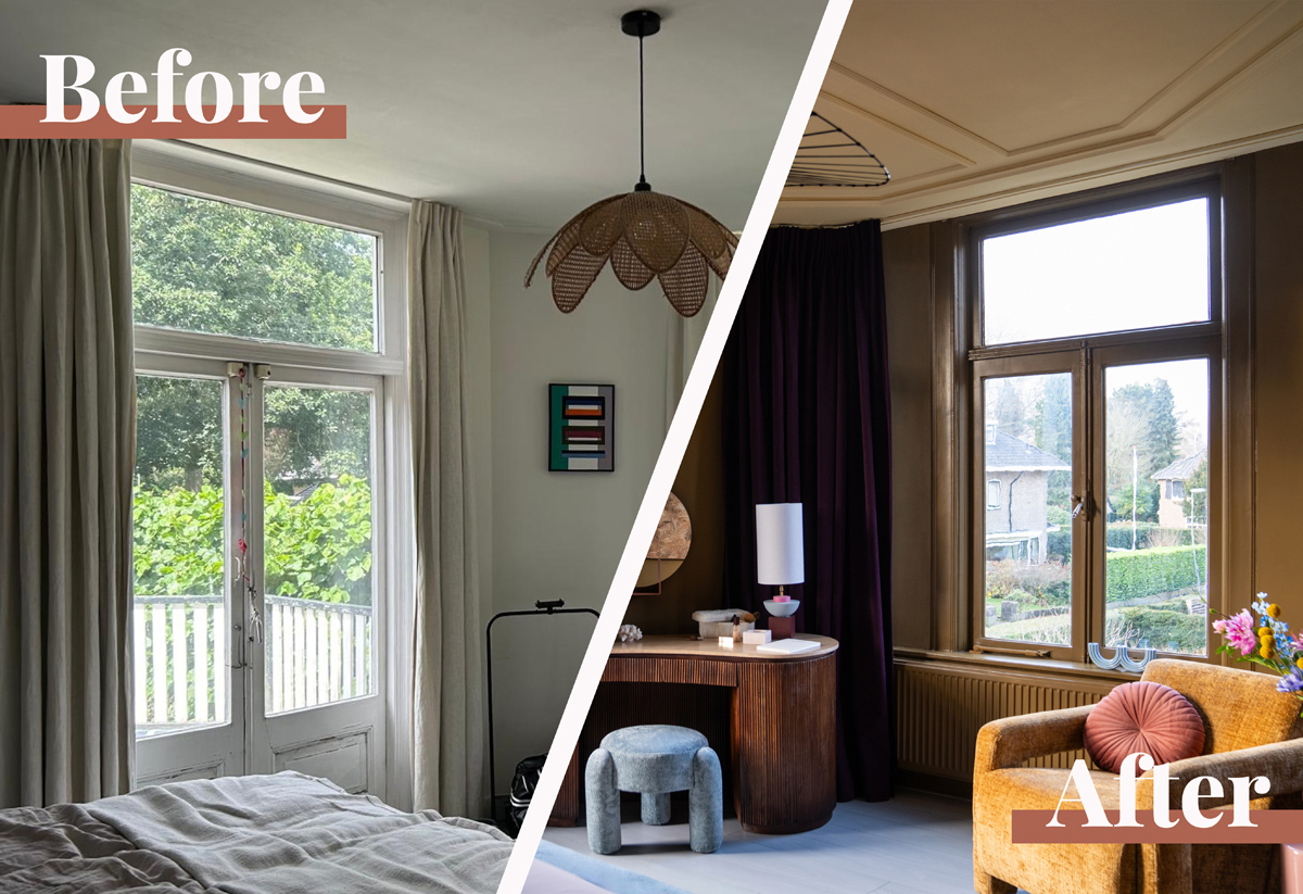 sierlijsten op het plafond before en after make-over van een slaapkamer in hotel chique kleurrijke stijl