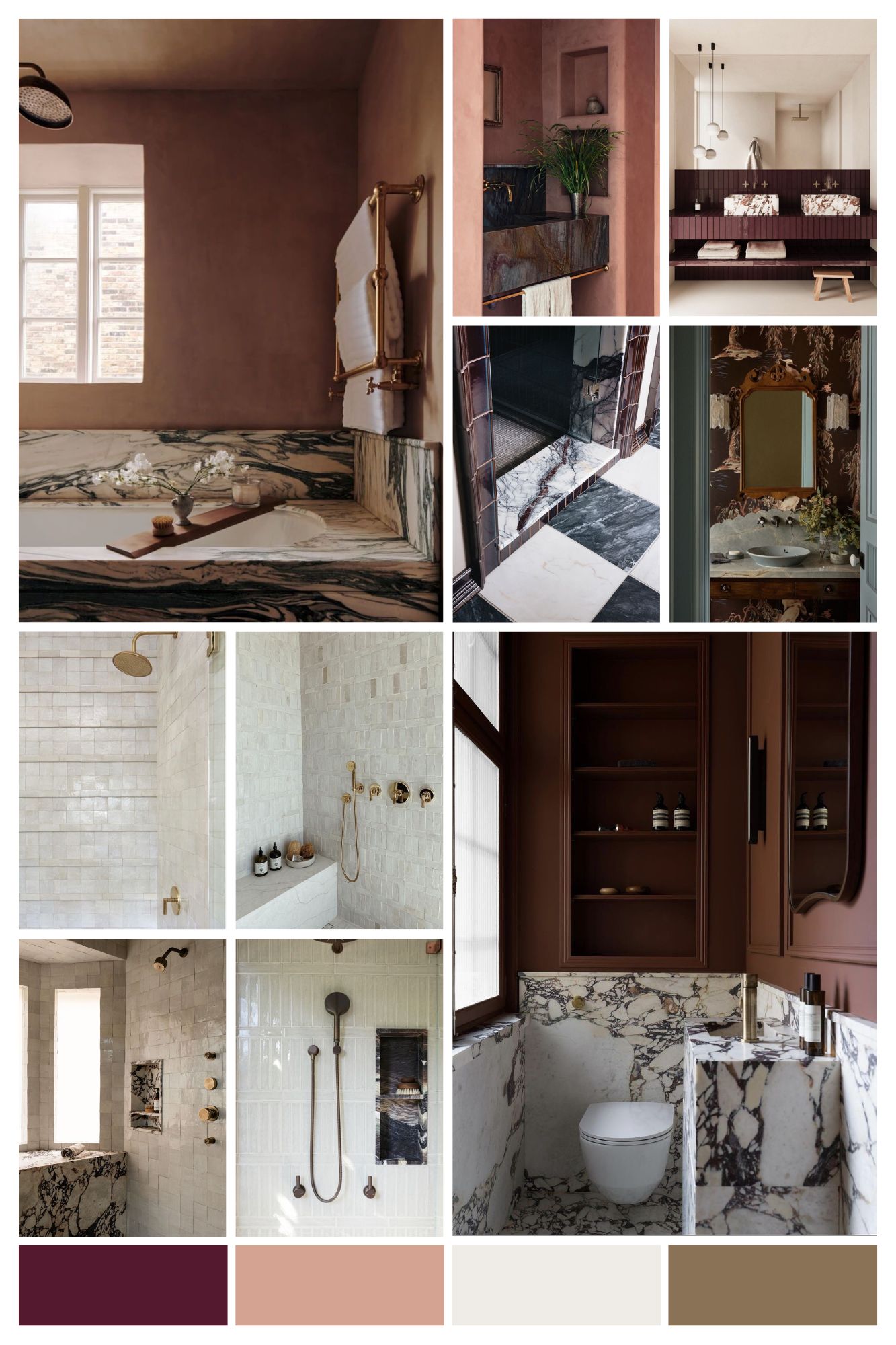 Moodboard badkamer - The Home Style Club - Calacatta Viola wandtegel in donkerpaars met bordeauxrode muren in de badkamer van Sofie - Merlot Marble badkamercollectie The Home Style Club x Brugman - Badkamer inspiratie met messing en bordeauxrood enchanting eggplant histor
