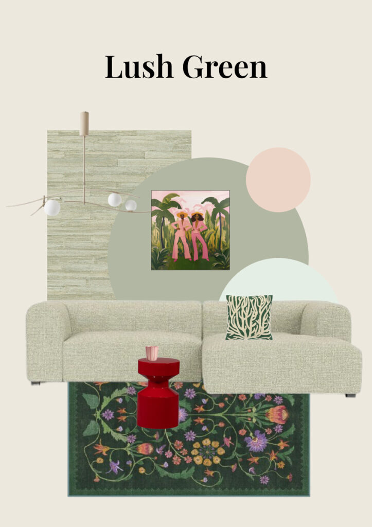 The Home Style Club x Prominent - Moodboards met banken voor de woonkamer - Honolulu bank in lush green, lichtgroen of sage groen gecombineerd met lichtroze en donker groen.