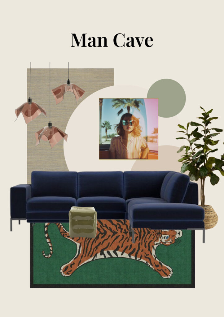 The Home Style Club x Prominent - Moodboards - Donkerblauwe hoekbank in de woonkamer combineren met tijger en groen vloerkleed. 