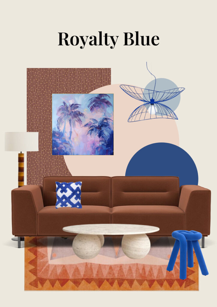 The Home Style Club x Prominent - Moodboards met banken voor de woonkamer - Tweezitsbank in terracotta kleurig bruin gecombineerd met kobalt blauwe kruk van moustache en kobaltblauwe hanglamp.