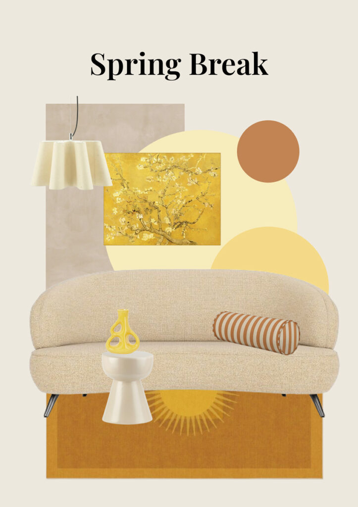 The Home Style Club x Prominent - Moodboards met banken voor de woonkamer - lichtbeige bank met ronde vormen gecombineerd met geel interieur en okerkleurig vloerkleed van ruggable. 