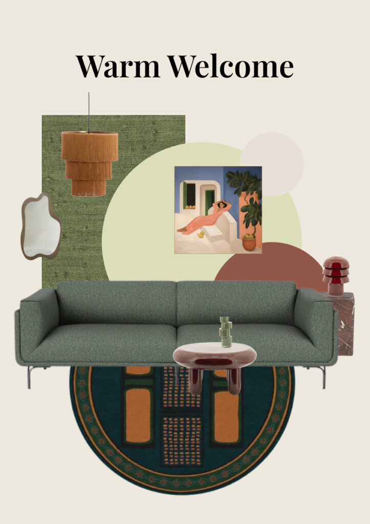 The Home Style Club x Prominent - Moodboards met banken voor de woonkamer - Groene bank gecombineerd met groen behang en oranje accenten. 