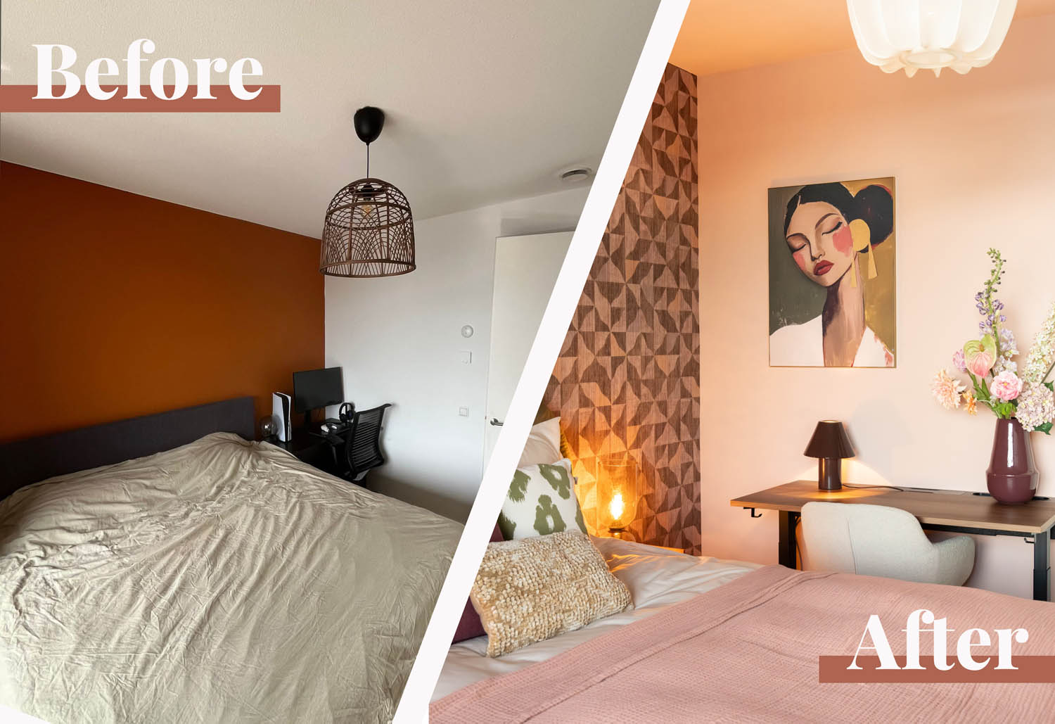 Doortje slaapkamer make-over before en after. Van wit en kil naar warm en luxe met een gestoffeerd bed