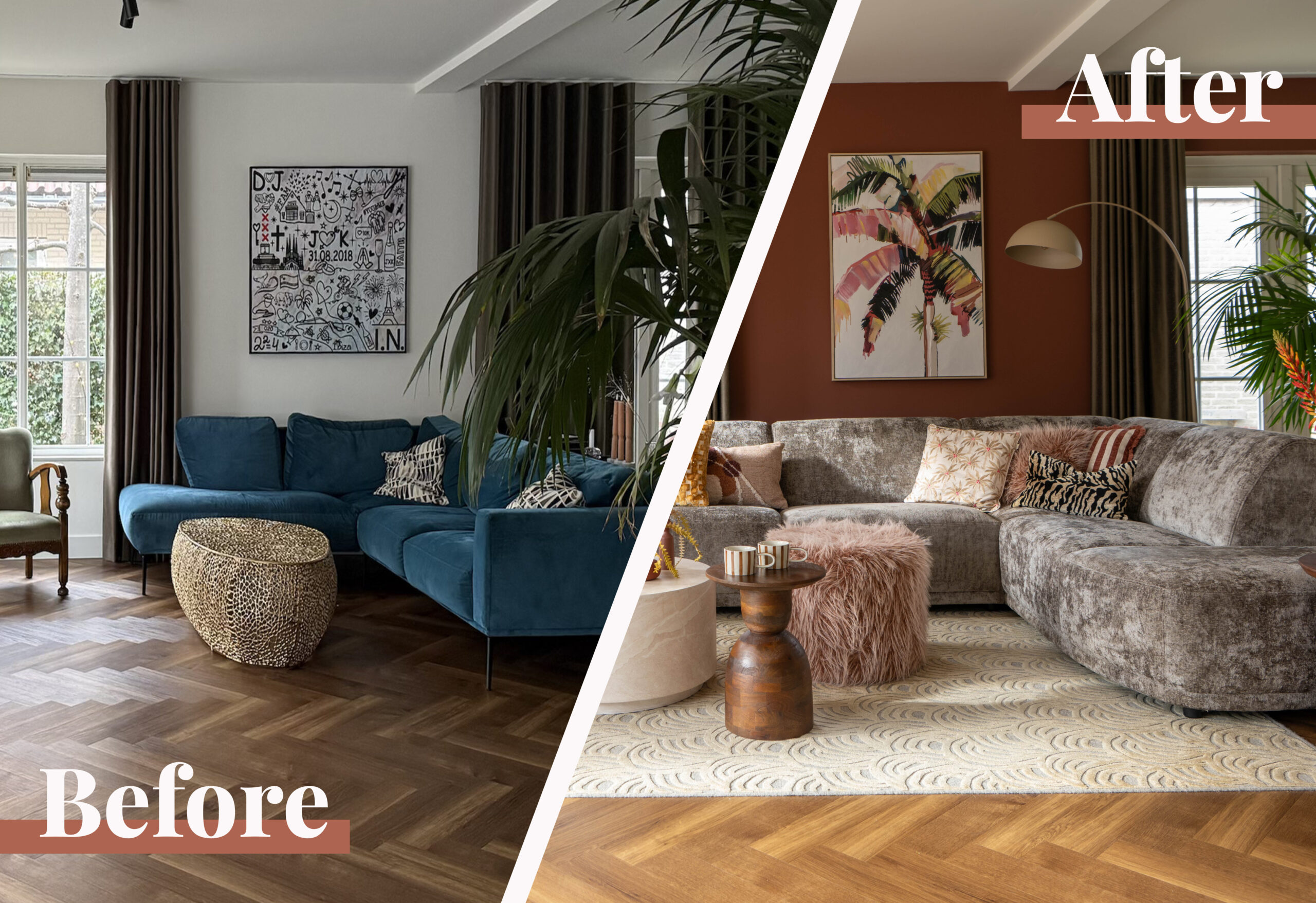 Before en after zithoek make-over Sofie Bommel Wonen